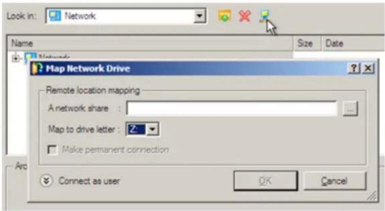 Look in: Network Name Size Date Map Network Drive Remote location mapping A network share : ... Map to drive letter : Z Make permanent connection Connect as user OK Cancel