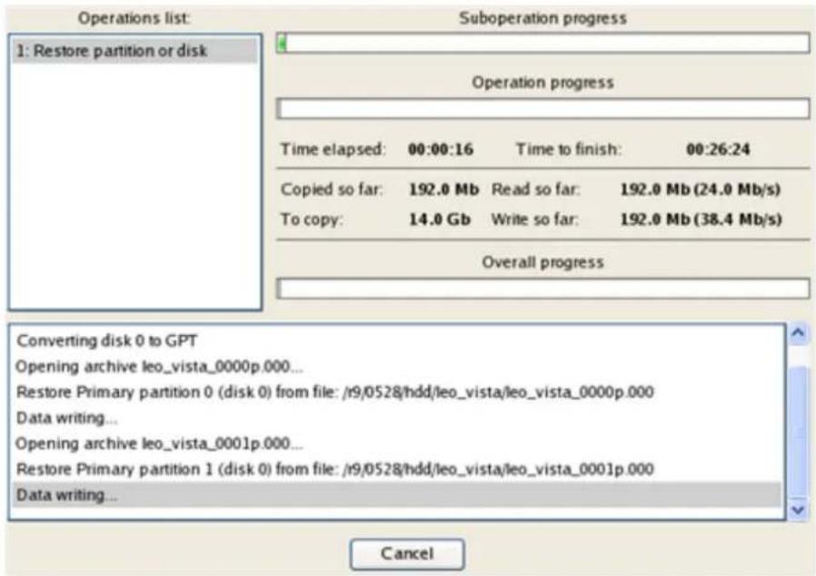 Operations list: 1: Restore partition or disk Suboperation progress Operation progress Time elapsed: 00:00:16 Time to finish: 00:26:24 Copied so far: 192.0 Mb Read so far: 192.0 Mb (24.0 Mb/s) To copy: 14.0 Gb Write so far: 192.0 Mb (38.4 Mb/s) Overall progress Converting disk 0 to GPT Opening archi…