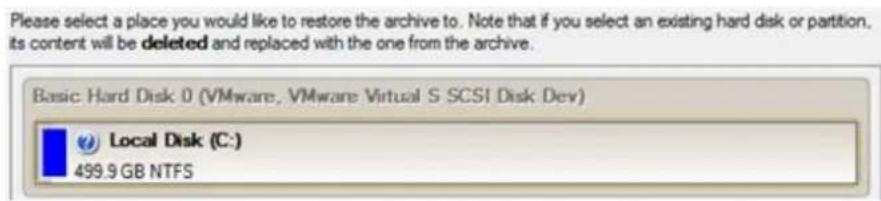 Please select a place you would like to restore the archive to. Note that if you select an existing hard disk or partition, its content will be deleted and replaced with the one from the archive. Basic Hard Disk 0 (VMware, VMware Virtual S SCSI Disk Dev) Local Disk (C:) 499.9 GB NTFS