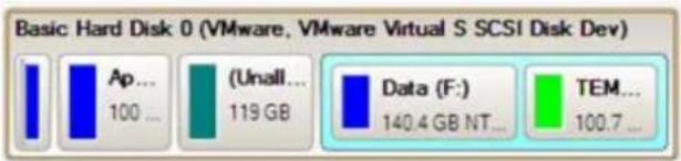 Basic Hard Disk 0 (VMware, VMware Virtual S SCSI Disk Dev) Ap... 100 ... (Unall... 119 GB Data (F:) 140.4 GB NT... TEM... 100.7 ...