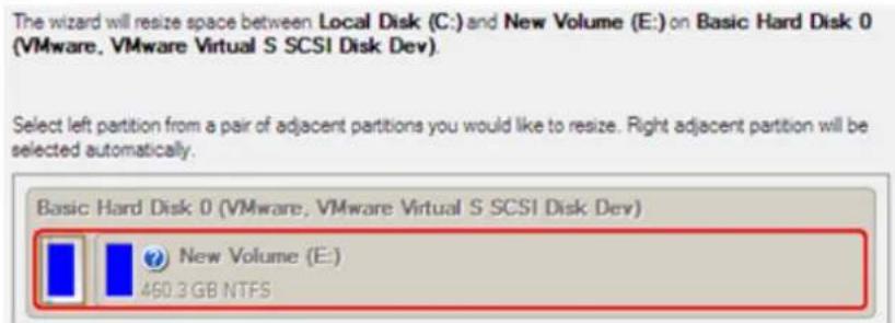 The wizard will resize space between Local Disk (C:) and New Volume (E:) on Basic Hard Disk 0 (VMware, VMware Virtual S SCSI Disk Dev). Select left partition from a pair of adjacent partitions you would like to resize. Right adjacent partition will be selected automatically. Basic Hard Disk 0 (VMwar…