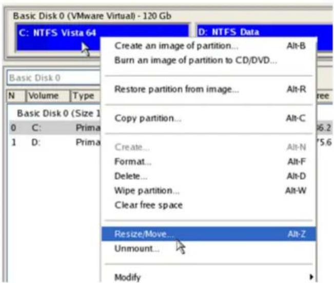 Basic Disk 0 (VMware Virtual) - 120 Gb C: NTFS Vista 64 D: NTFS Data Create an image of partition... Alt-B Burn an image of partition to CD/DVD... Restore partition from image... Alt-R Copy partition... Alt-C Create... Alt-N Format... Alt-F Delete... Alt-D Wipe partition... Alt-W Clear free space Re…