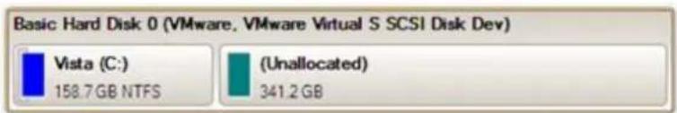 Basic Hard Disk 0 (VMware, VMware Virtual S SCSI Disk Dev) Vista (C:) 158.7 GB NTFS (Unallocated) 341.2 GB