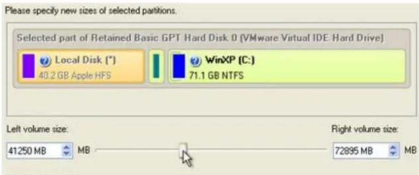 Please specify new sizes of selected partitions. Selected part of Retained Basic GPT Hard Disk 0 (VMware Virtual IDE Hard Drive) Local Disk (*) 40.2 GB Apple HFS WinXP (C:) 71.1 GB NTFS Left volume size: 41250 MB MB Right volume size: 72895 MB MB