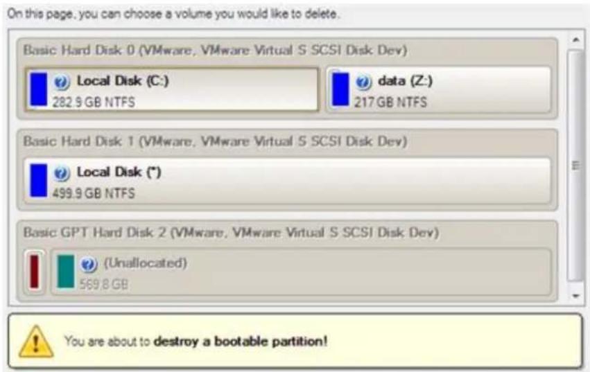 On this page, you can choose a volume you would like to delete. Basic Hard Disk 0 (VMware, VMware Virtual S SCSI Disk Dev) Local Disk (C:) 282.9 GB NTFS data (Z:) 217 GB NTFS Basic Hard Disk 1 (VMware, VMware Virtual S SCSI Disk Dev) Local Disk (*) 499.9 GB NTFS Basic GPT Hard Disk 2 (VMware, VMware…