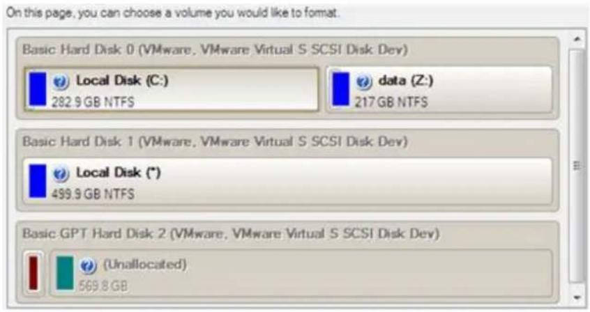 On this page, you can choose a volume you would like to format. Basic Hard Disk 0 (VMware, VMware Virtual S SCSI Disk Dev) Local Disk (C:) 282.9 GB NTFS data (Z:) 217 GB NTFS Basic Hard Disk 1 (VMware, VMware Virtual S SCSI Disk Dev) Local Disk (*) 499.9 GB NTFS Basic GPT Hard Disk 2 (VMware, VMware…
