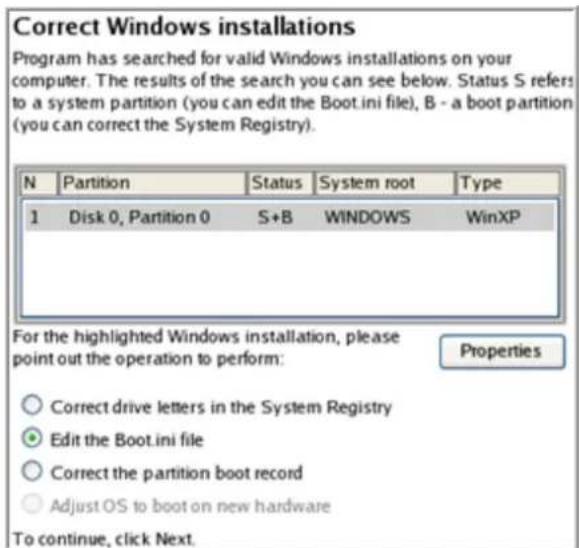 Correct Windows installations Program has searched for valid Windows installations on your computer. The results of the search you can see below. Status S refers to a system partition (you can edit the Boot.ini file), B - a boot partition (you can correct the System Registry). N Partition Status Sys…