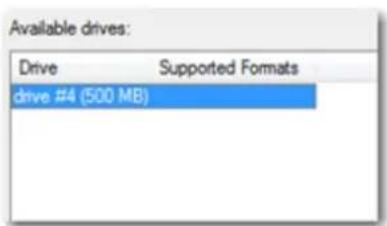 Available drives: Drive Supported Formats drive #4 (500 MB)