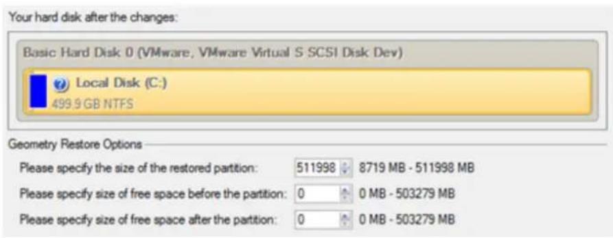 Your hard disk after the changes: Basic Hard Disk 0 (VMware, VMware Virtual S SCSI Disk Dev) Local Disk (C:) 499.9 GB NTFS Geometry Restore Options Please specify the size of the restored partition: 511998 8719 MB - 511998 MB Please specify size of free space before the partition: 0 0 MB - 503279 MB…