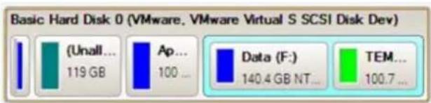 Basic Hard Disk 0 (VMware, VMware Virtual S SCSI Disk Dev) (Unall... 119 GB Ap... 100 ... Data (F:) 140.4 GB NT... TEM... 100.7 ...