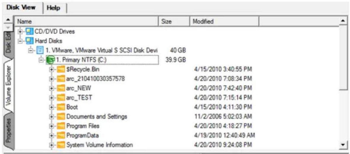 Disk View | Help | Name Size Modified CD/DVD Drives Hard Disks 1. VMware. VMware Virtual S SCSI Disk Devi 40 GB 1. Primary NTFS (C:) 39.9 GB $Recycle.Bin 4/15/2010 3:40:55 PM arc_210410030357578 4/20/2010 7:08:34 PM arc_NEW 4/20/2010 7:42:40 PM arc_TEST 4/20/2010 7:15:14 PM Boot 4/15/2010 4:11:30 PM…