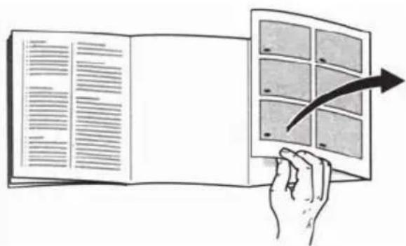 Illustration showing a hand holding a document with text blocks and a pointing arrow, indicating a process or transformation.
