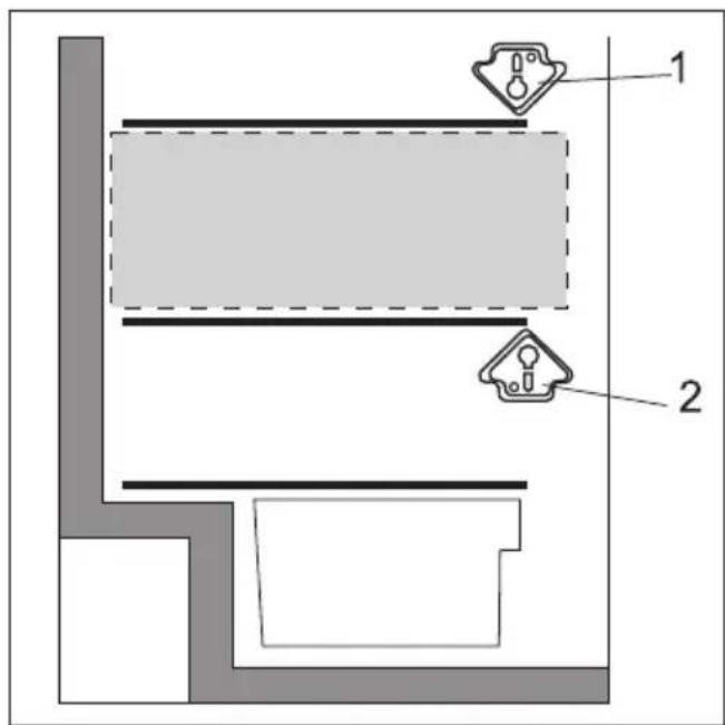 Technical diagram showing two labeled components (1 and 2) with a shaded rectangular area between them, likely illustrating a structural or mechanical assembly.