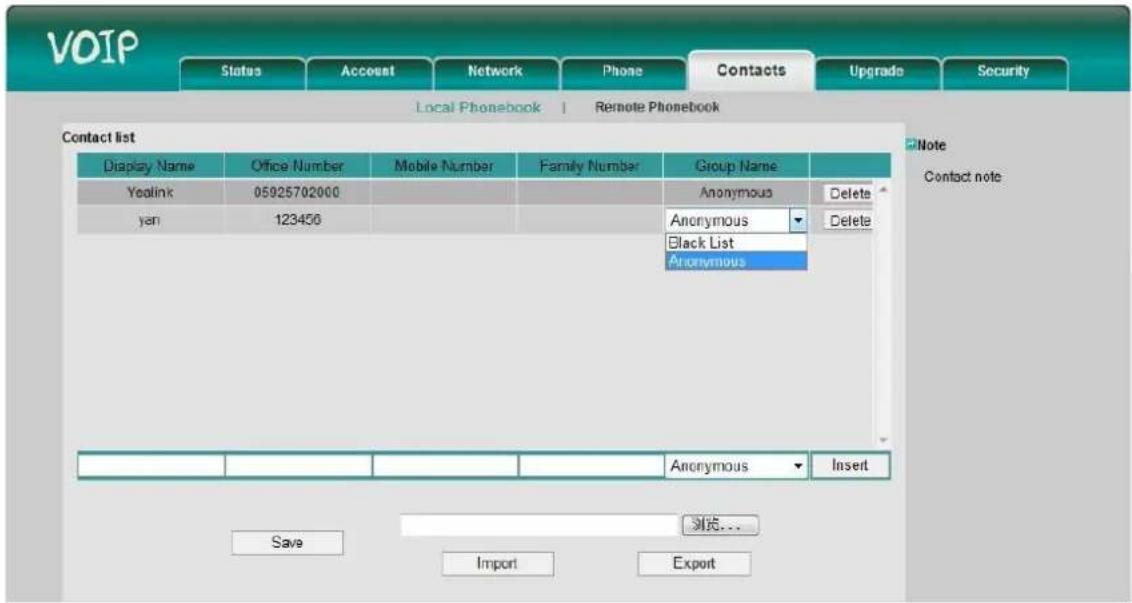 VOIP Status Accost Network Phone Contacts Upgrade Security Local Phonebook Remote Phonebook Contact list Display Name Office Number Mobile Number Family Number Group Name Yealink 05925702000 Anonymous Delete yan 123456 Anonymous Delete Black List Anonymous Anonymous Anonymous Insert Save 测试... Import Export