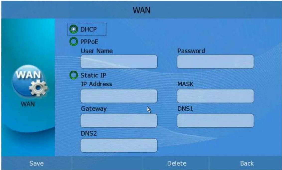 WAN DHCP PPPoE User Name Password Static IP IP Address MASK Gateway DNS1 DNS2 Save Delete Back
