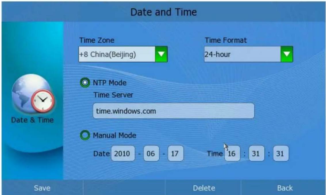 Date and Time Time Zone +8 China(Beijing) Time Format 24-hour NTP Mode Time Server time.windows.com Manual Mode Date 2010 - 06 - 17 Time 16 : 31 : 31 Save Delete Back