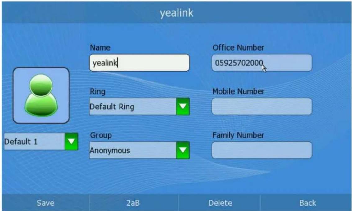 yealink Name yealink Office Number 05925702000 Ring Default Ring Mobile Number Default 1 Group Anonymous Family Number Save 2aB Delete Back