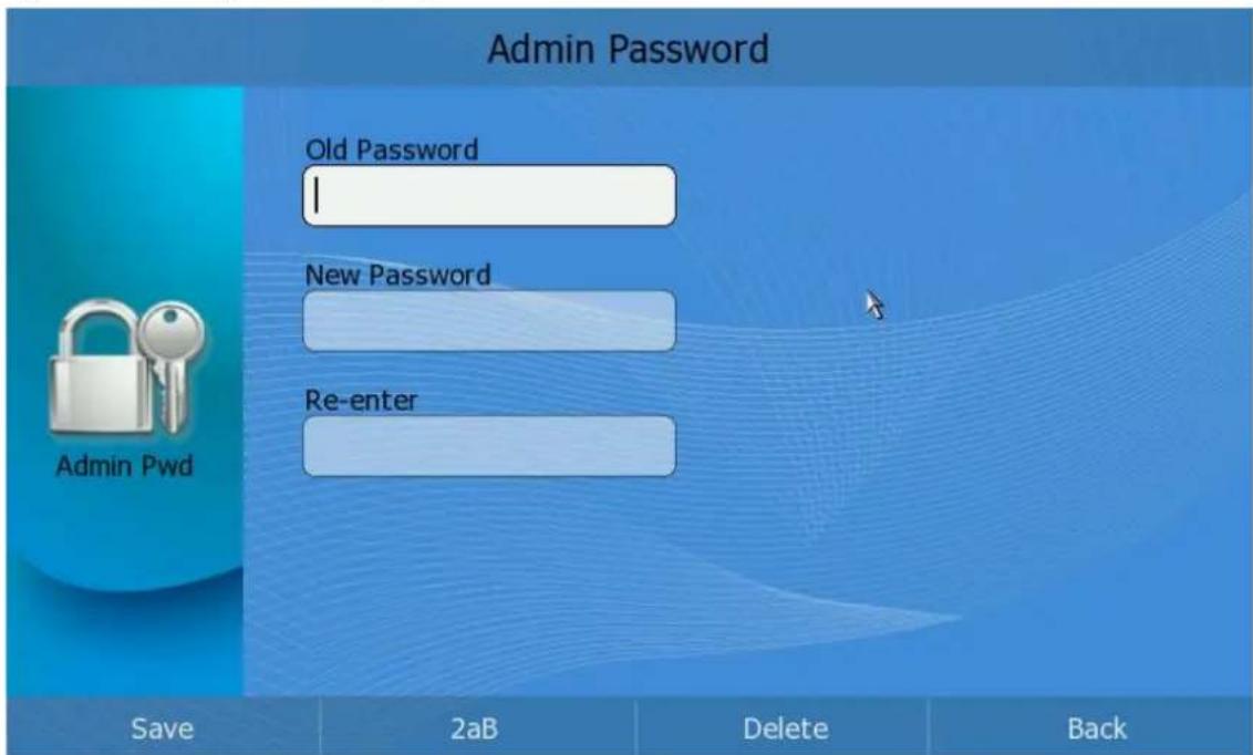 Admin Password Old Password I New Password Re-enter Admin Pwd Save 2aB Delete Back