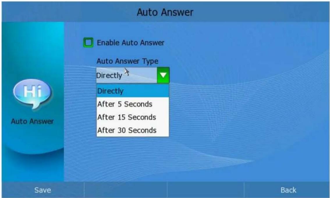Auto Answer Enable Auto Answer Auto Answer Type Directly Directly After 5 Seconds After 15 Seconds After 30 Seconds Save Back