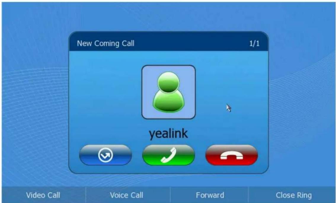New Coming Call 1/1 yealink Video Call Voice Call Forward Close Ring
