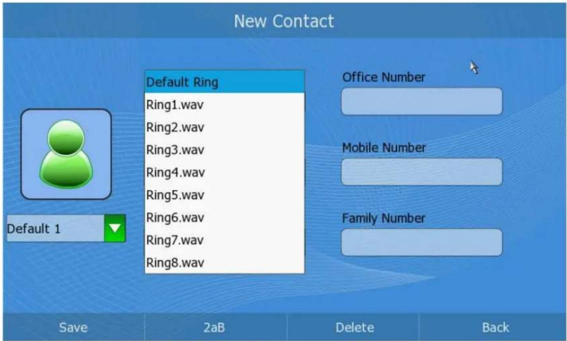 New Contact Default Ring Ring1.wav Ring2.wav Ring3.wav Ring4.wav Ring5.wav Ring6.wav Ring7.wav Ring8.wav Office Number Mobile Number Family Number Save 2aB Delete Back Default 1