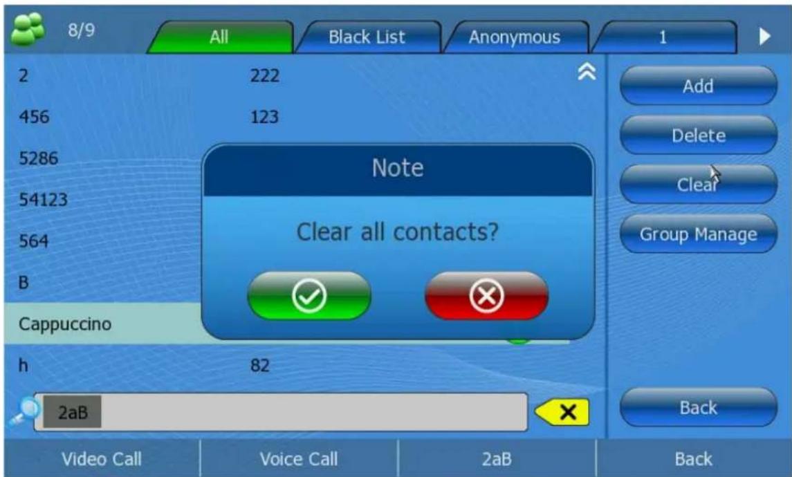 8/9 All Black List Anonymous 1 2 222 456 123 5286 Note Clear all contacts? Add Delete Clear Group Manage B 54123 564 Cappuccino h 82 Back Video Call Voice Call 2aB Back