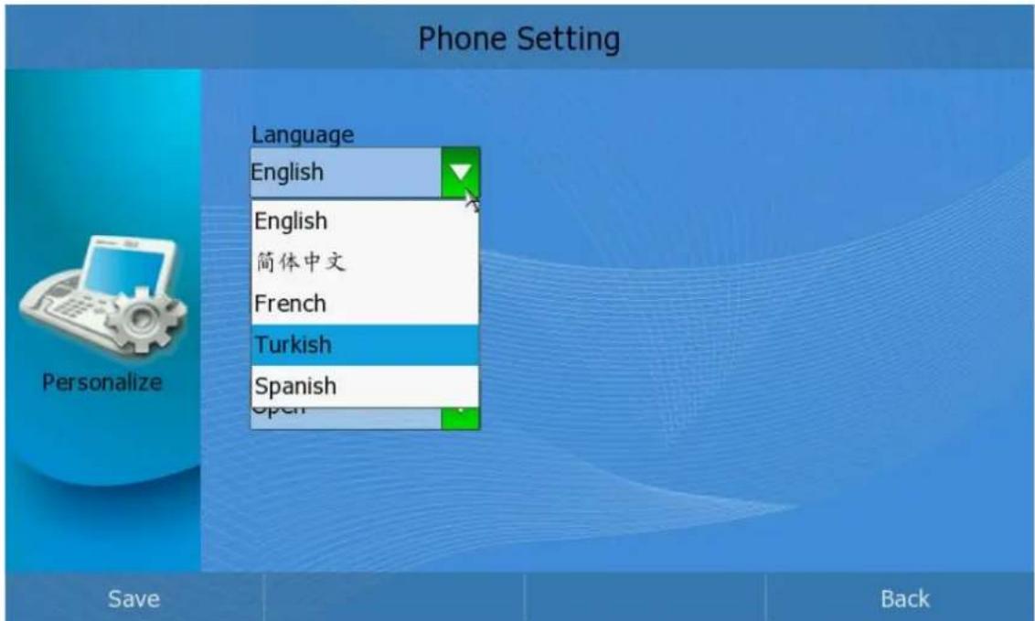 Phone Setting Language English English 简体中文 French Turkish Spanish Open Save Back