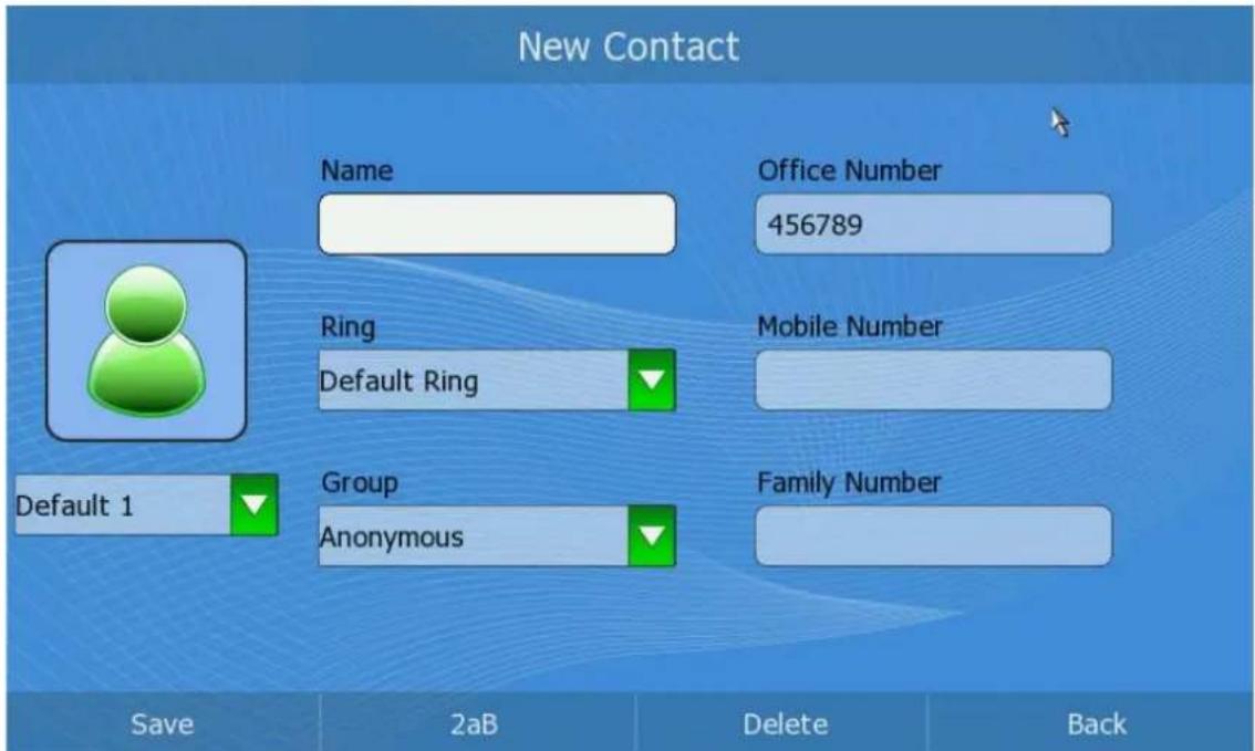 New Contact Name Office Number 456789 Ring Mobile Number Default Ring Default 1 Group Family Number Anonymous Save 2aB Delete Back