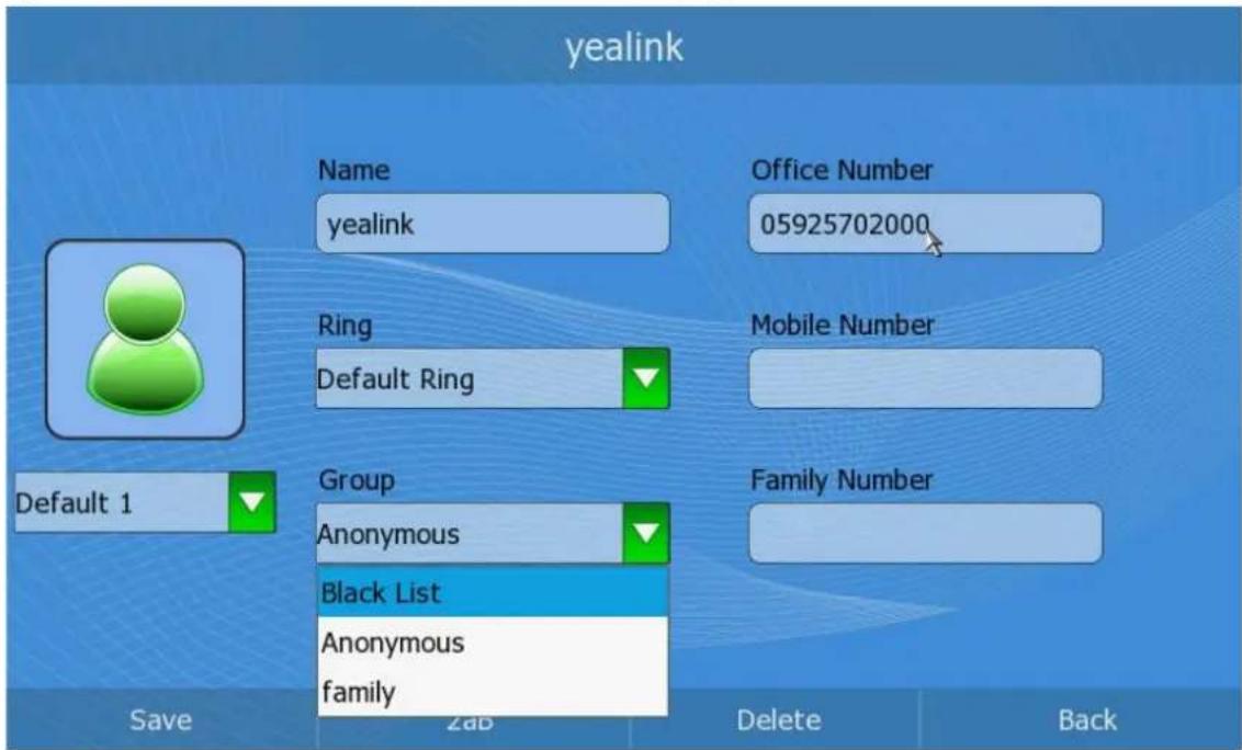 yealink Name yealink Office Number 05925702000 Ring Default Ring Mobile Number Default 1 Group Anonymous Black List Anonymous family Family Number Save Zab Delete Back
