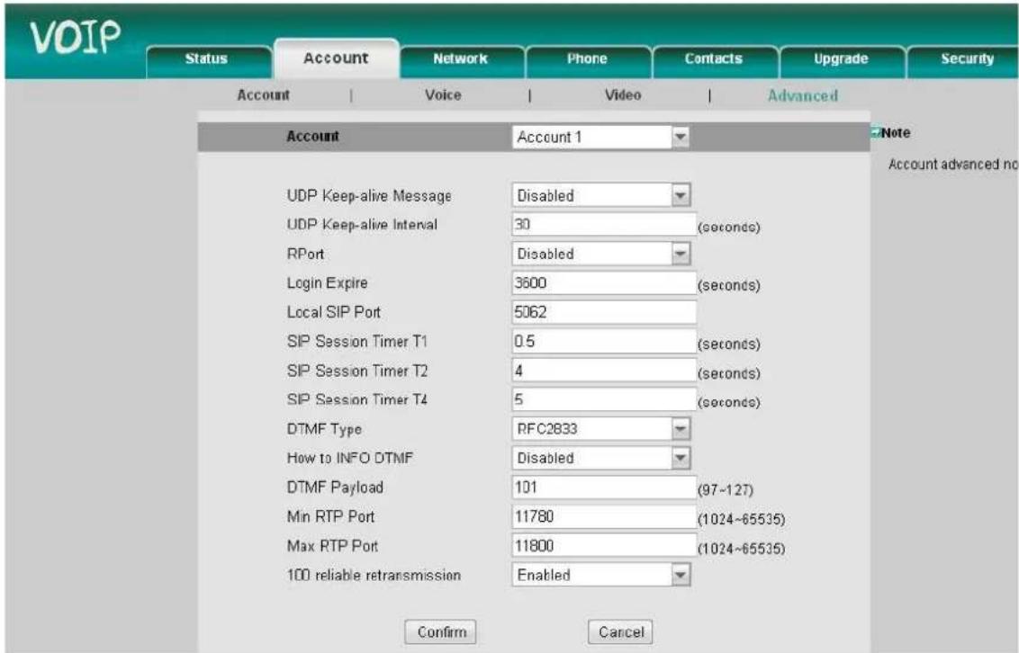 VOIP Status Account Network Phone Contacts Upgrade Security Account Voice Video Advanced Account Account 1 UDP Keep-alive Message Disabled UDP Keep-alive Interval 30 (seconds) RPort Disabled Login Expire 3600 (seconds) Local SIP Port 5062 SIP Session Timer T1 0.5 (seconds) SIP Session Timer T2 4 (seconds) SIP Session Timer T4 5 (seconds) DTMF Type RFC2833 How to INFO DTMF Disabled DTMF Payload 101 (97-12T) Min RTP Port 11780 (1024-65535) Max RTP Port 11800 (1024-65535) 100 reliable retransmission Enabled Confirm Cancel Note Account advanced no