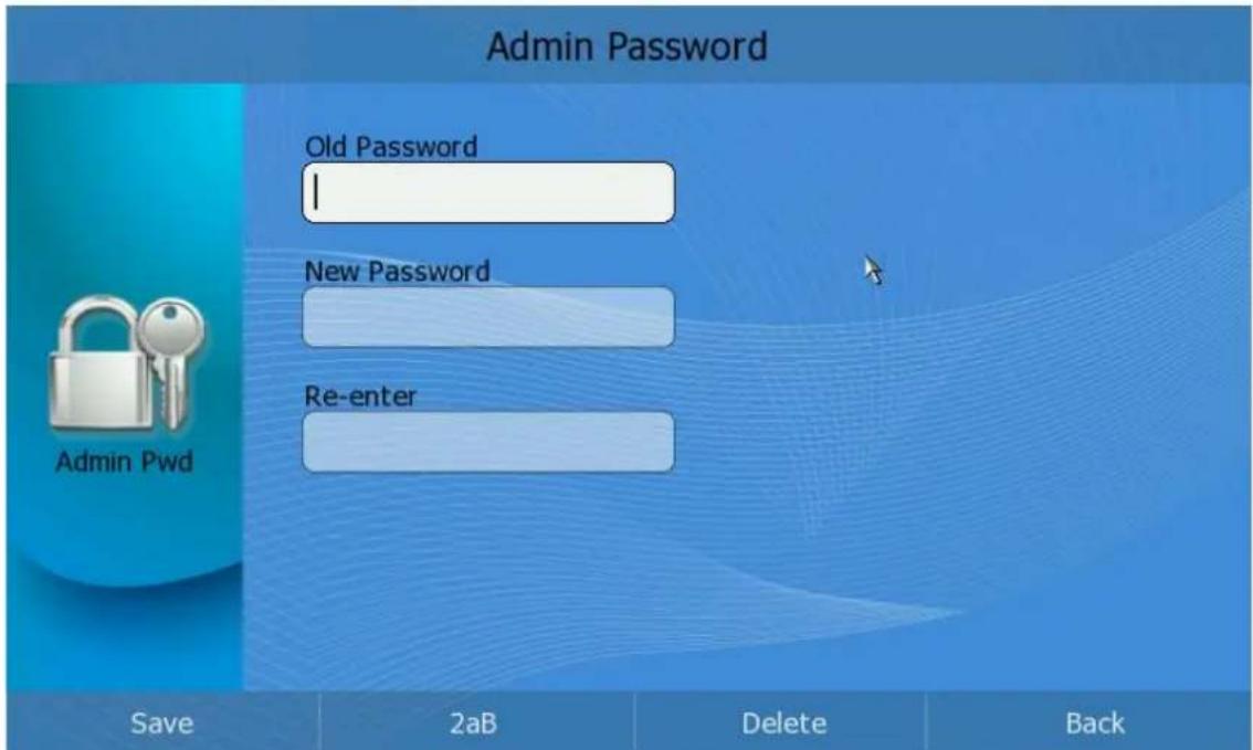 Admin Password Old Password I New Password Re-enter Admin Pwd Save 2aB Delete Back