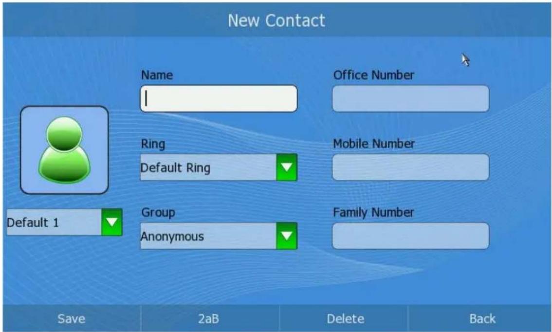 New Contact Name I Office Number Ring Default Ring Mobile Number Default 1 Group Anonymous Family Number Save 2aB Delete Back