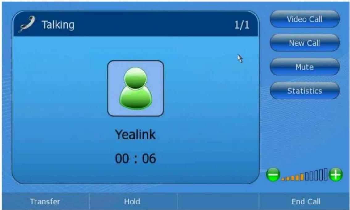 Talking 1/1 Yealink 00 : 06 Transfer Hold End Call Video Call New Call Mute Statistics