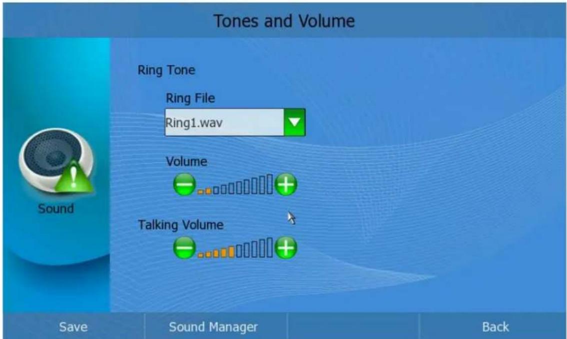 Tones and Volume Ring Tone Ring File Ring1.wav Volume Talking Volume Save Sound Manager Back