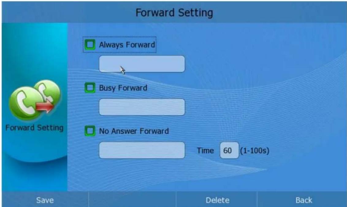 Forward Setting Always Forward Busy Forward No Answer Forward Time 60 (1-100s) Save Delete Back