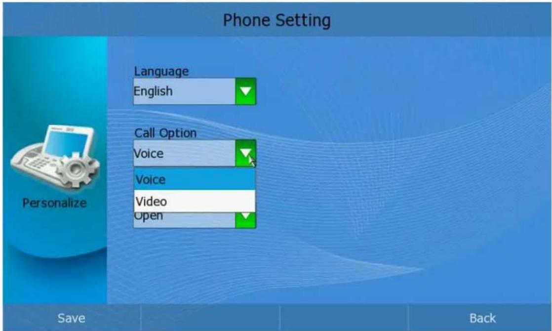 Phone Setting Language English Call Option Voice Voice Video Open Save Back