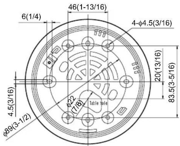 6 (1/4) 46 (1-13/16) 4-φ4.5 (3/16) 20 (13/16) 83.5 (3-5/16) φ89 (3-1/2) φ22 (7/8) Table hole