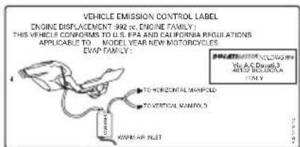 VEHICLE EMISSION CONTROL LABEL ENGINE DISPLACEMENT: 1992 x2, ENGINE FAMILY: THIS VEHICLE CONFORMS TO U.S. EPA AND CALIFORNIA REGULATIONS APPLICABLE TO MODEL YEAR NEW MOTORCYCLOTES. EVAP FAMILY: TO HORIZONTAL MANFOLD TO VERTICAL MANFOLD KARET AIR PLAT
