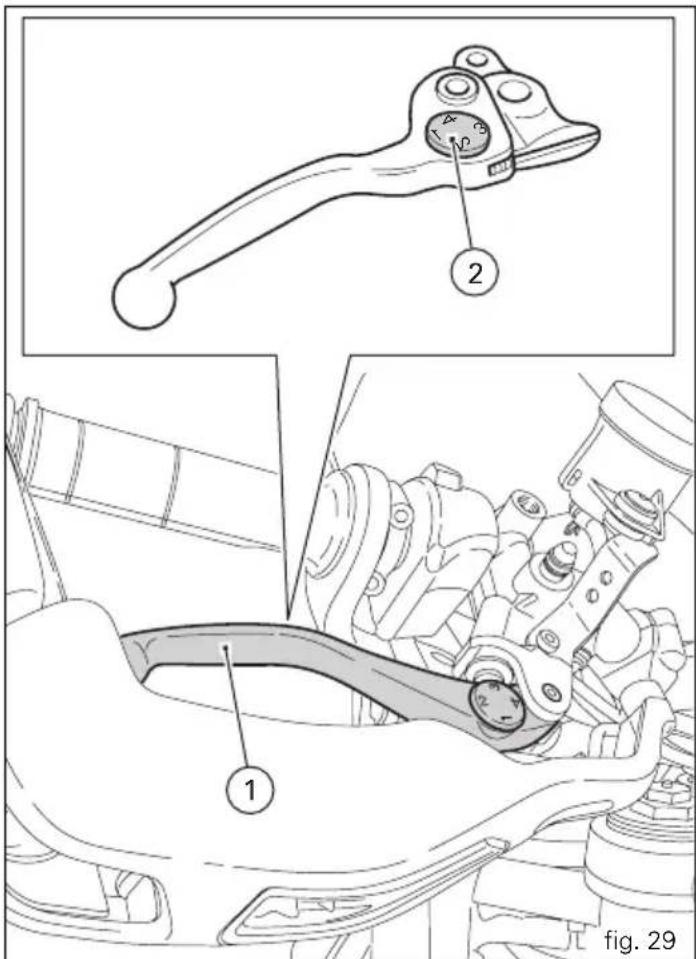 Technical diagram showing mechanical components with numbered parts and a magnified view of the lever handle