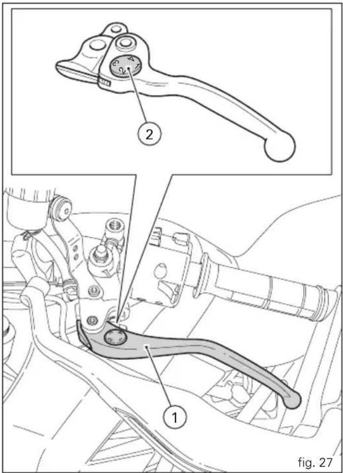 Technical diagram showing mechanical component assembly with labeled parts 1 and 2, including a close-up of the lever handle.