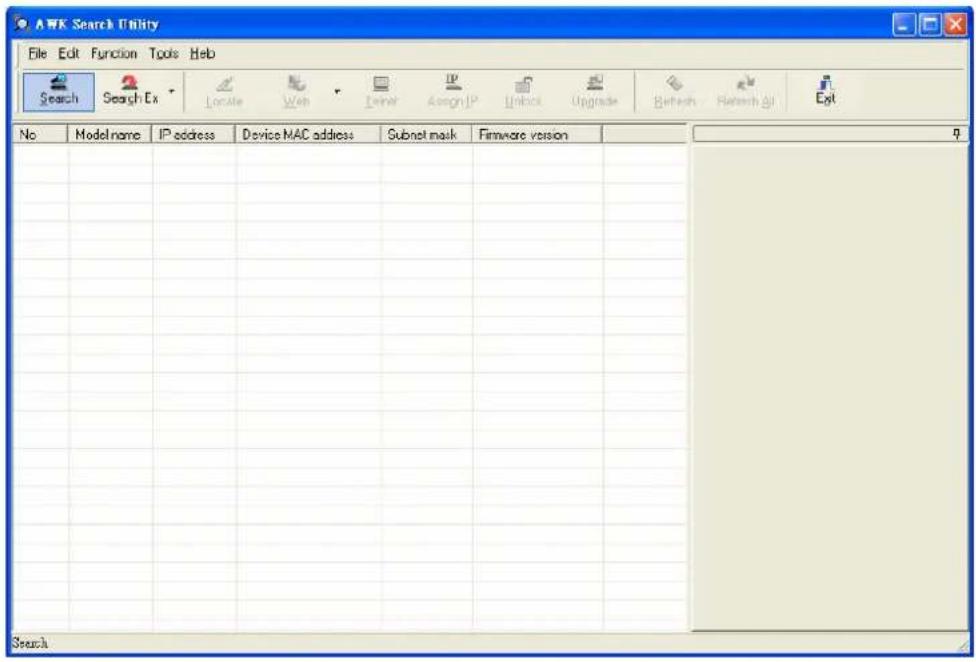 AWK Search Utility File Edit Function Tools Help Search Search Ex Locate Web Enter Assign IP Unlock Upgrade Refresh Refresh Sci Exit No Model name IP address Device MAC address Subnet mask Firmware version Search