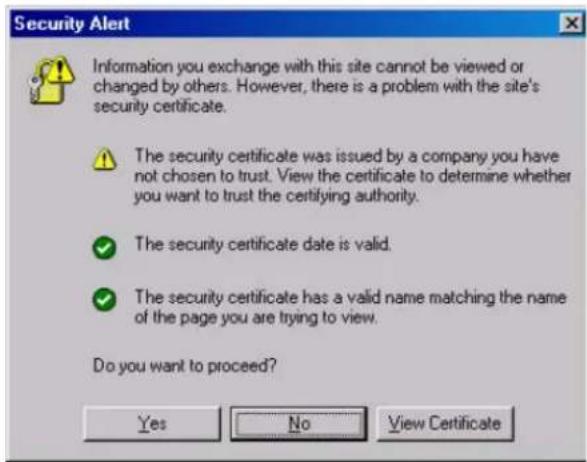 Security Alert Information you exchange with this site cannot be viewed or changed by others. However, there is a problem with the site's security certificate. The security certificate was issued by a company you have not chosen to trust. View the certificate to determine whether you want to trust the certifying authority. The security certificate date is valid. The security certificate has a valid name matching the name of the page you are trying to view. Do you want to proceed? Yes No View Certificate