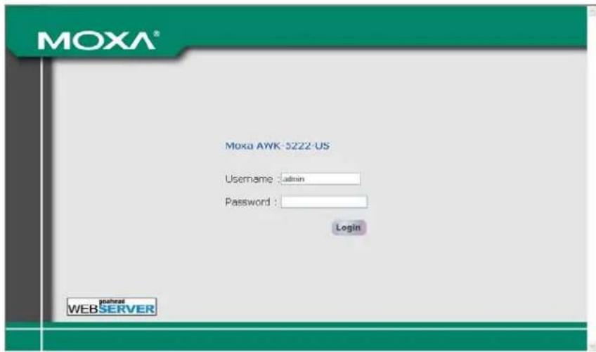 MOXA® MOXA AYK-5222-US Username : admin Password : Login footer WEB SERVER