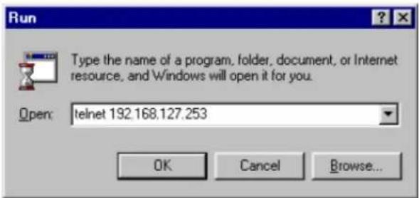 Run Type the name of a program, folder, document, or Internet resource, and Windows will open it for you. Open: telnet 192.168.127.253 OK Cancel Browse...