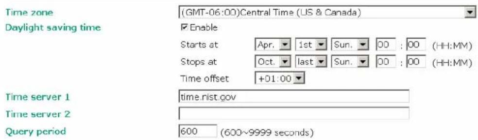 Time zone (GMT-06:00)Central Time (US & Canada) Daylight saving time Enable Starts at Apr. 1st Sun. 00 : 00 (HH:MM) Stops at Oct. last Sun. 00 : 00 (HH:MM) Time offset +01:00 Time server 1 time.rist.gov Time server 2 Query period 600 (600~9999 seconds)
