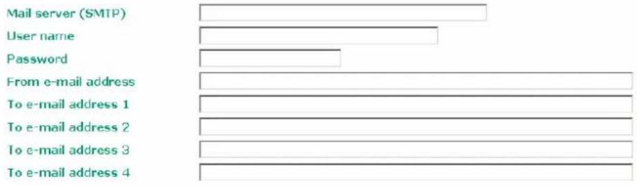 Mail server (SMTP) User name Password From e-mail address To e-mail address 1 To e-mail address 2 To e-mail address 3 To e-mail address 4