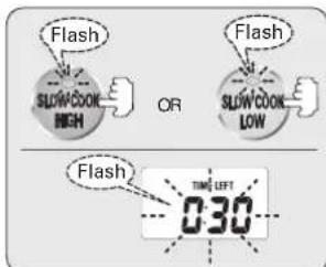 Flash SLOW COOK HIGH OR Flash SLOW COOK LOW Flash TIME LEFT 030