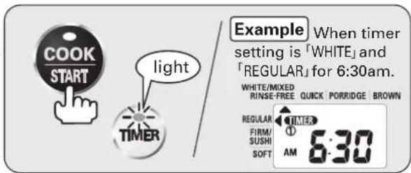 COOK START light TIMER Example When timer setting is 'WHITE' and 'REGULAR' for 6:30am. WHITE/MIXED RINSE-FREE QUICK PORRIDGE BROWN REGULAR TIMER FIRM/ SUSHI SOFT AM 6:30
