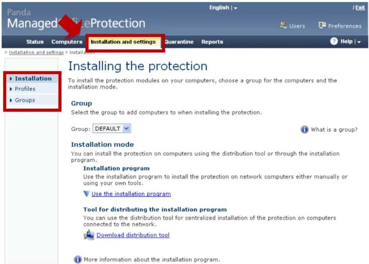 Panda Managed Office Protection Status Computers Installation and settings Quarantine Reports Help | Installation and settings > Installation ► Installation ► Profiles ► Groups Installing the protection To install the protection modules on your computers, choose a group for the computers and the installation mode. Group Select the group to add computers to when installing the protection. Group: DEFAULT What is a group? Installation mode You can install the protection on computers using the distribution tool or through the installation program. Installation program Use the installation program to install the protection on network computers either manually or using your own tools. ► Use the installation program Tool for distributing the installation program You can use the distribution tool for centralized installation of the protection on computers connected to the network. ► Download distribution tool ► More information about the installation program.