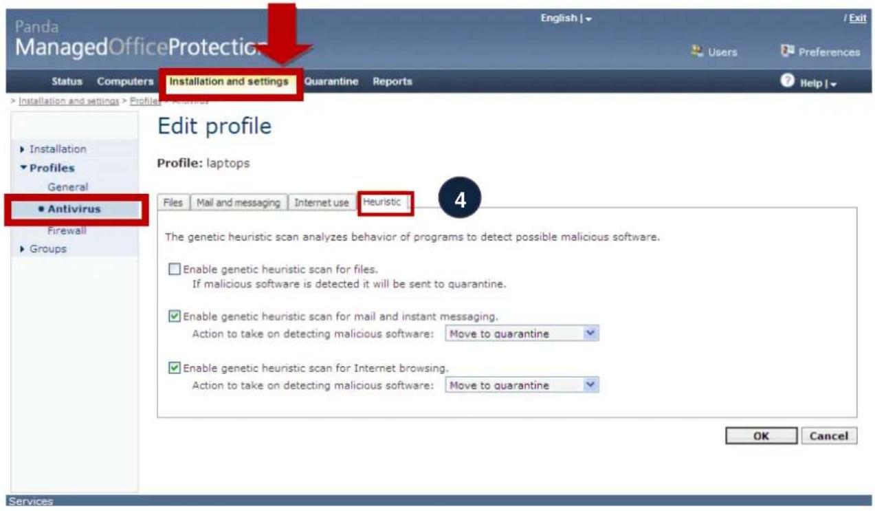Panda ManagedOfficeProtection Status Computers Installation and settings Quarantine Reports Help Installation and settings > Profiles & Settings ► Installation ► Profiles General ● Antivirus Firewall ► Groups Edit profile Profile: laptops Files Mail and messaging Internet use Heuristic 4 The genetic heuristic scan analyzes behavior of programs to detect possible malicious software. □ Enable genetic heuristic scan for files. If malicious software is detected it will be sent to quarantine. ✓ Enable genetic heuristic scan for mail and instant messaging. Action to take on detecting malicious software: Move to quarantine ✓ Enable genetic heuristic scan for Internet browsing. Action to take on detecting malicious software: Move to quarantine OK Cancel Services